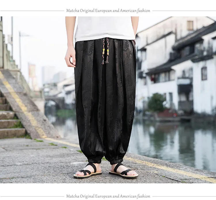 Description Picture 6 of itemMr.nut Dragon Pattern Men's Wide Leg Baggy Pants Loose Jogger Lantern Pants Unisex Ice Silk Clothing Stylish Street Trousers