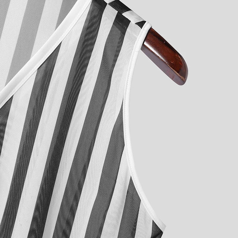 Description Picture 6 of itemINCERUN Men Tank Tops Striped Mesh Transparent Sexy V Neck Sleeveless Button Vests Streetwear Summer 2024 Fashion Men Clothing