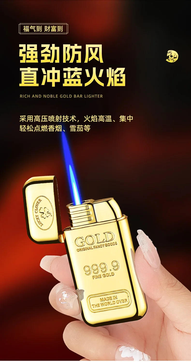 Description Picture 5 of itemMetal Creative Gold Brick Windproof Jet Blue Flame Torch Gas Lighter Small and Rich Portable Cigar Lighters Smoking Wholesale