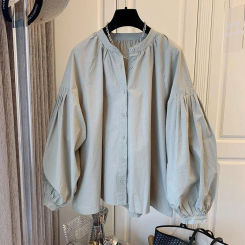 Oversized Vintage Blouses Puff Sleeve Solid Color Button Cardigan Shirts Spring Casual Loose French Elegant All Match Women Tops