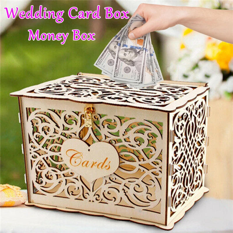 Description Picture 4 of item30X24X21cm DIY Wedding Gift Card Box Wooden Money Box with Lock Beautiful Wedding Decoration Birthday Party Supplies