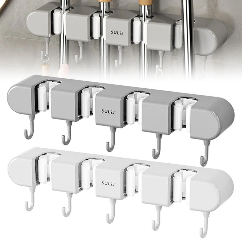 Description Picture 4 of itemWall Mounted Mop Holder Broom Mop Storage Shelf Rack with Hooks No Drilling Self-Adhesive Bathroom Mop Holder Storage Shelves