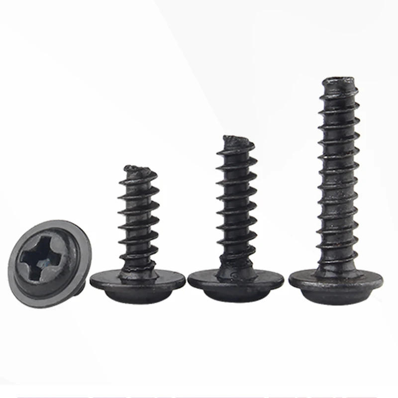 Description Picture 4 of itemM1.4 M1.7 M2 M2.3 M2.6 M3 M3.5 M4 Black Plated PWB Cross Pan Head With Washer Flat Tail Self Tapping Screws Round Head Phillips
