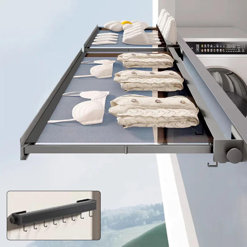 Description Picture 2 of itemBlack invisible folding clothes rack, shoe rack retractable mesh wall mounted Aluminum bathroom clothes dryer sock drying Holder