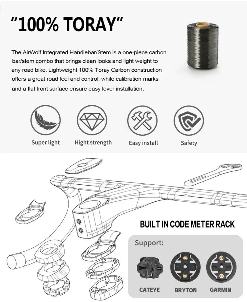 Description Picture 6 of itemAIRWOLF Full Carbon Fiber Bicycle Handlebar Stem Integrated 28.6MM UD Matte Drop Bar Gravel Road Bike Accessories