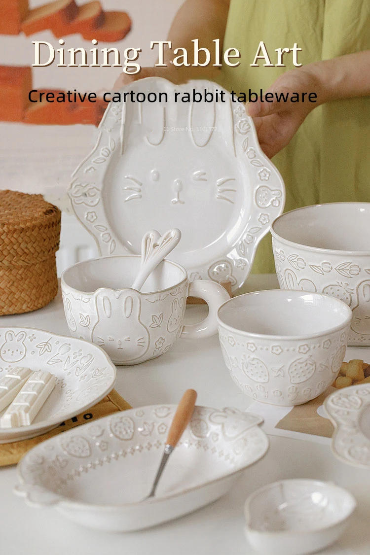 Description Picture 2 of itemJapanese Retro Ceramic Dish Set Household Cartoon Rabbit Creative Rice Bowl Soup Bowl Children's Bunny Dinner Plate Coffee Cups