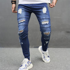 Stylish Men Splicing Distressed Blue Skinny Biker Jeans Pants HipHop Street Male Stretch Holes Cotton Denim Trousers
