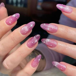 Sexy Charm Woman Black Frosted Snowflake Wearable Almond Shape Fake Nails Art Full Cover Finished False Nail Press on Nails Glue
