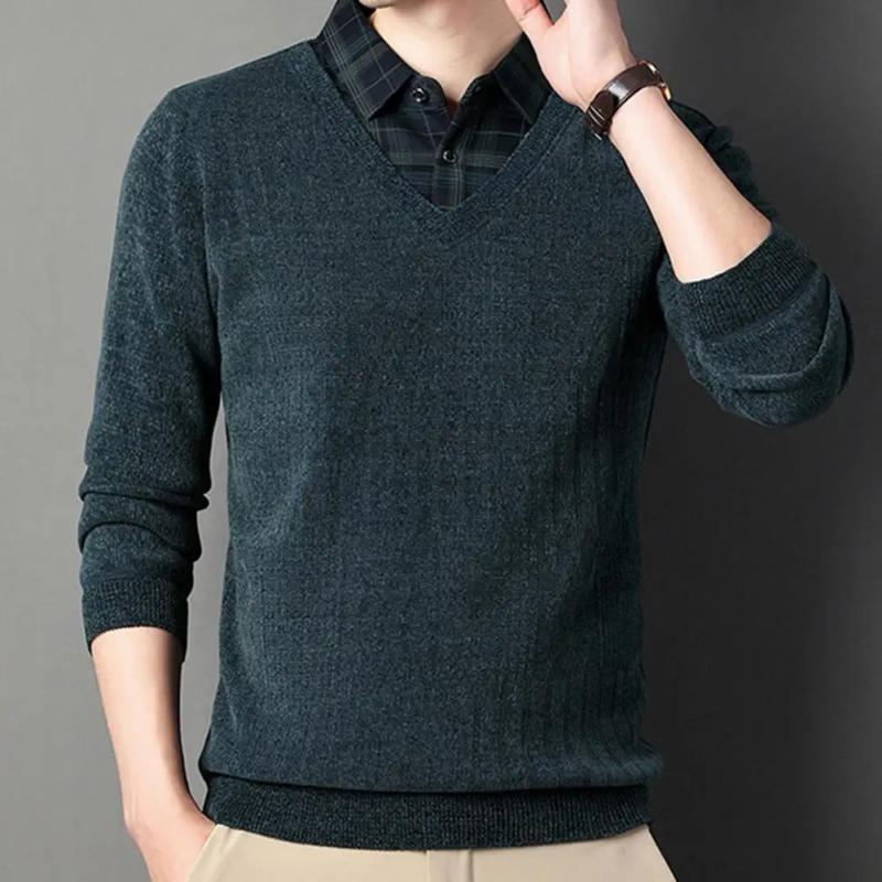 Description Picture 6 of itemLong Sleeve Men Sweater Men Fall Top Plaid Print Mid-aged Men's Sweater with Thick Plush Warmth Button Elastic Pullover for Fall