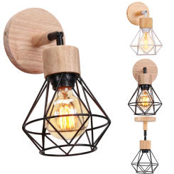 Industrial Mini Wall Light Cage Wooden Iron Steering Head Wall Lamp Sconce for Bedroom Study Room Aisle Corridor Background E27