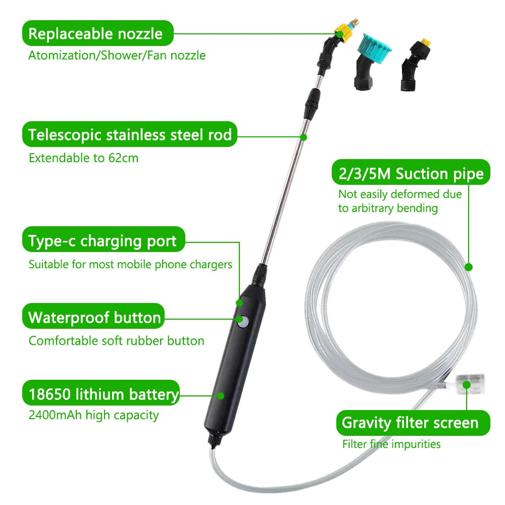 Description Picture 4 of itemPortable Electric Gardening Sprayer Irrigation Tool USB 2400mah Rechargeable Telescopic Handle with 3 Nozzles for Yard Plant