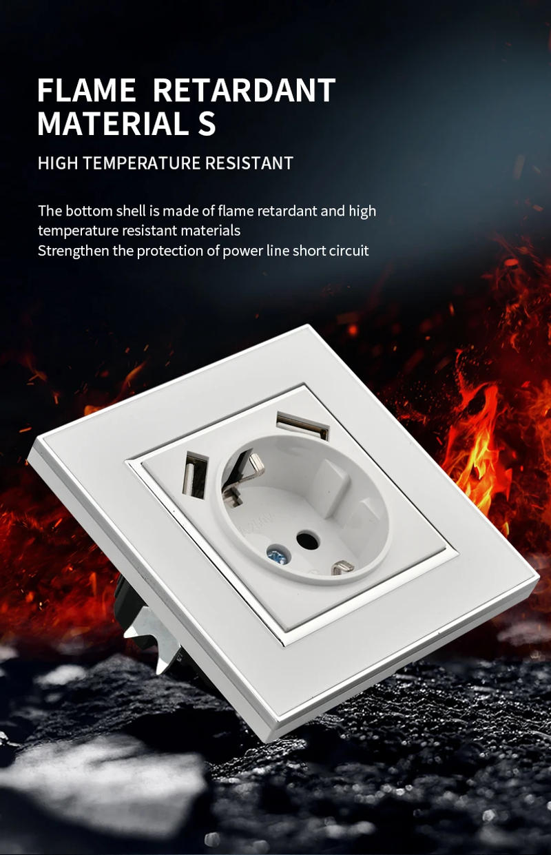 Description Picture 4 of itemWESA Black Mirror Acrylic Power Socket With 2 USB EU Standard Electrical Outlet Standard Ground Plug Wall Socket Flame Retardant