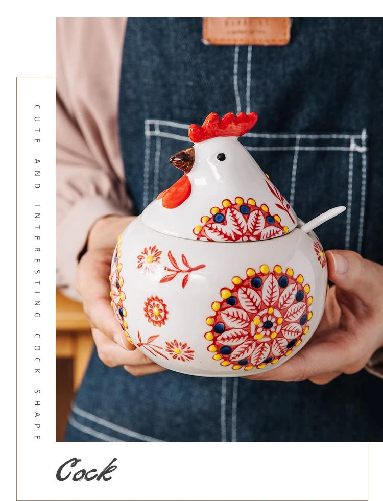 Description Picture 2 of itemCreative Ceramic Seasoning Jar Rooster Seasoning Box Home with Lid Seasoning Box Pepper Salt Jar Moisture-proof Kitchen Tools