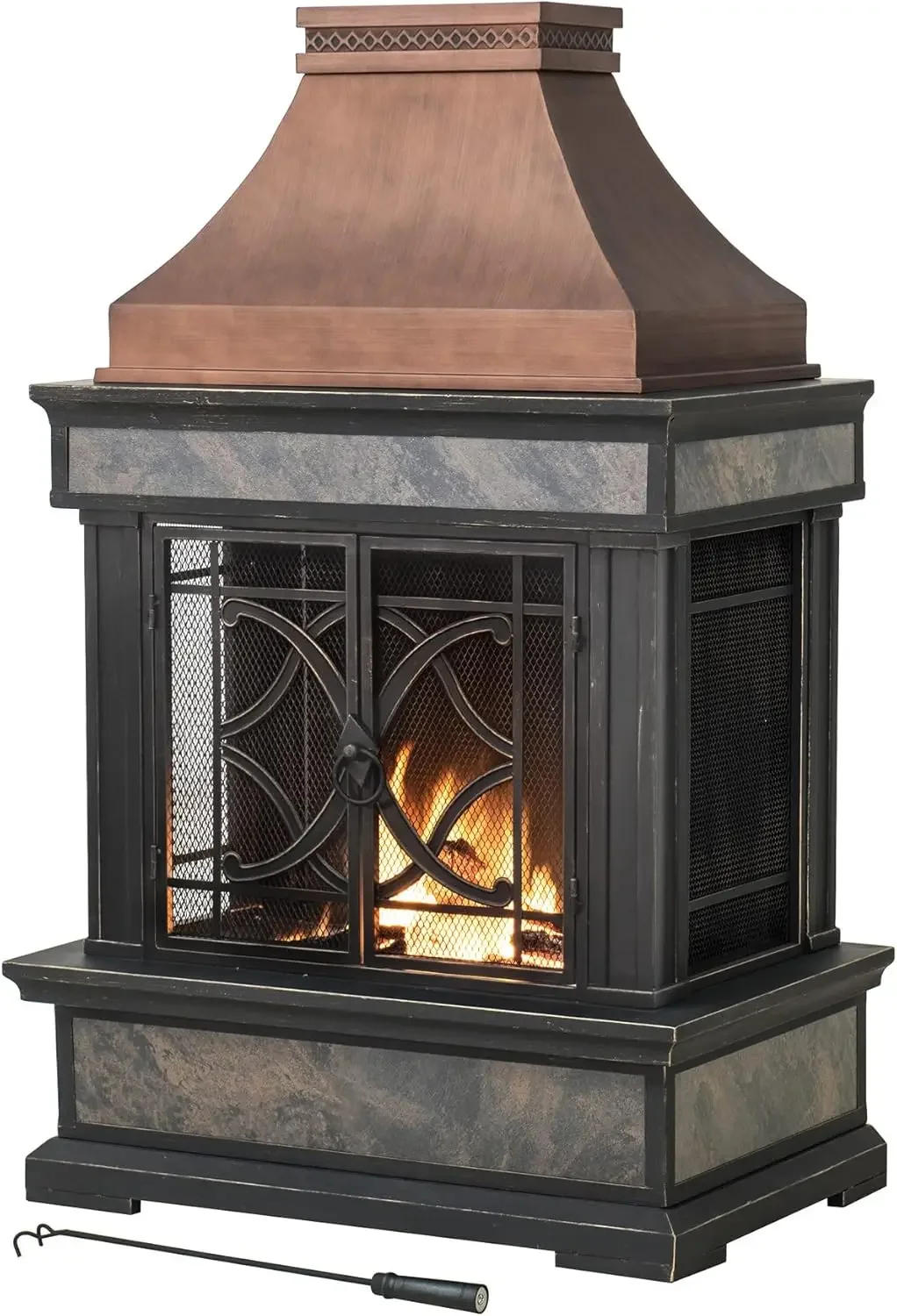 Description Picture 2 of itemOutdoor Fireplace Stone Look Tile Patio Wood Burning Steel Fireplace with Chimney Spark Screen Fire Poker Rain Cover