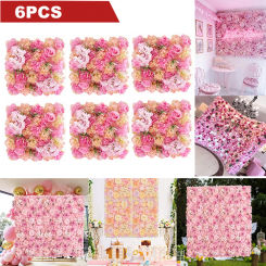 6PCS Artificial Flowers Wall Panel 3D Flower Backdrop Faux Roses for Wall Party Wedding Bridal Shower Outdoor Decoration