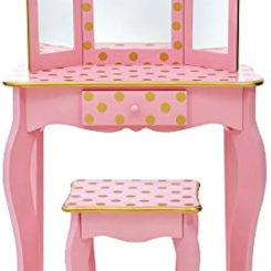 Kids Pretend Play Kids Vanity, Table & Chair Vanity Set with Mirror, Girls Makeup Dressing Table with Storage Drawer & Polka Dot