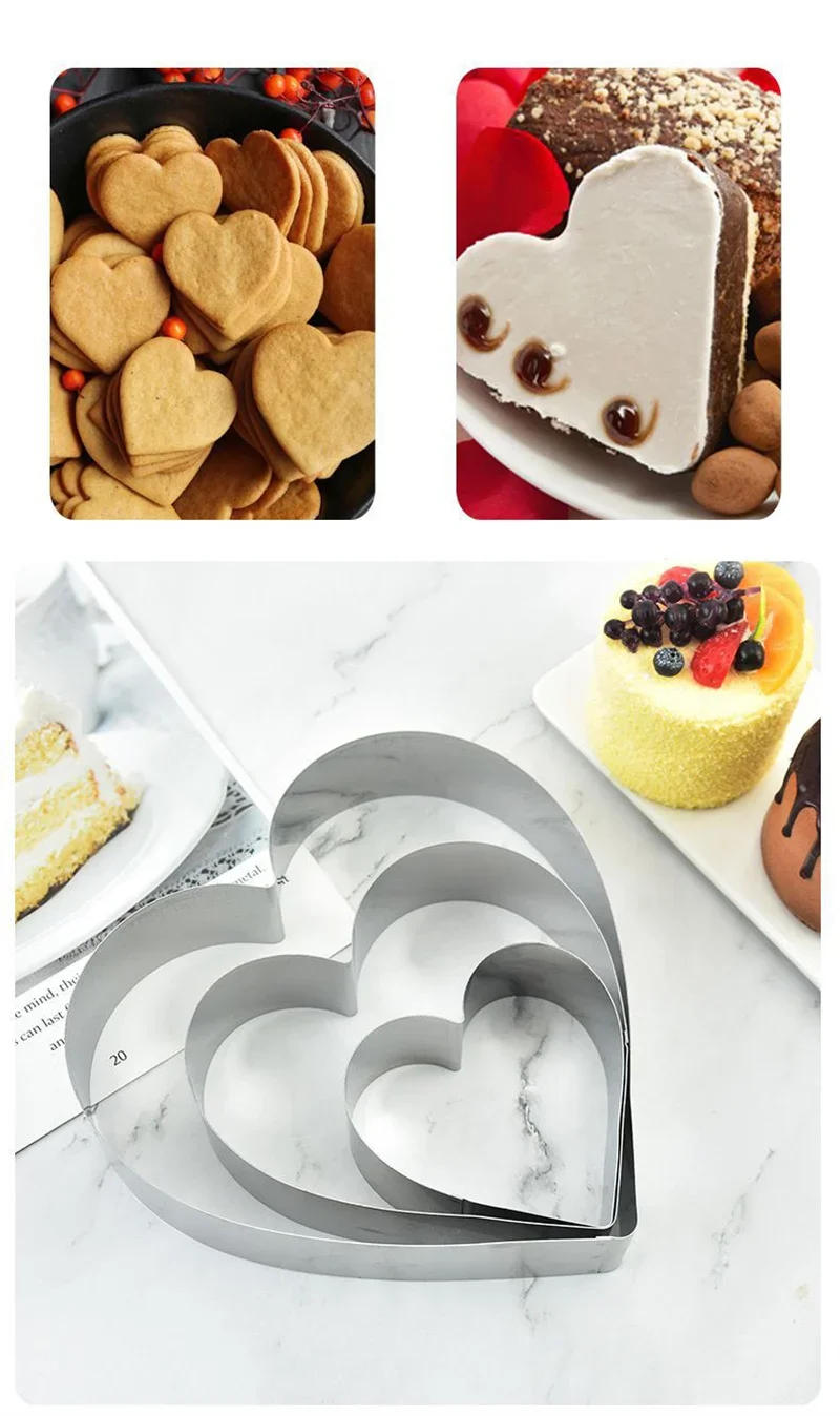Description Picture 3 of item3Pcs/set Stainless Steel Love/Round/Flower Mousse Ring Mold Cheese Dessert Biscuit Cake Mold Flower Cake Cutter Baking Tools