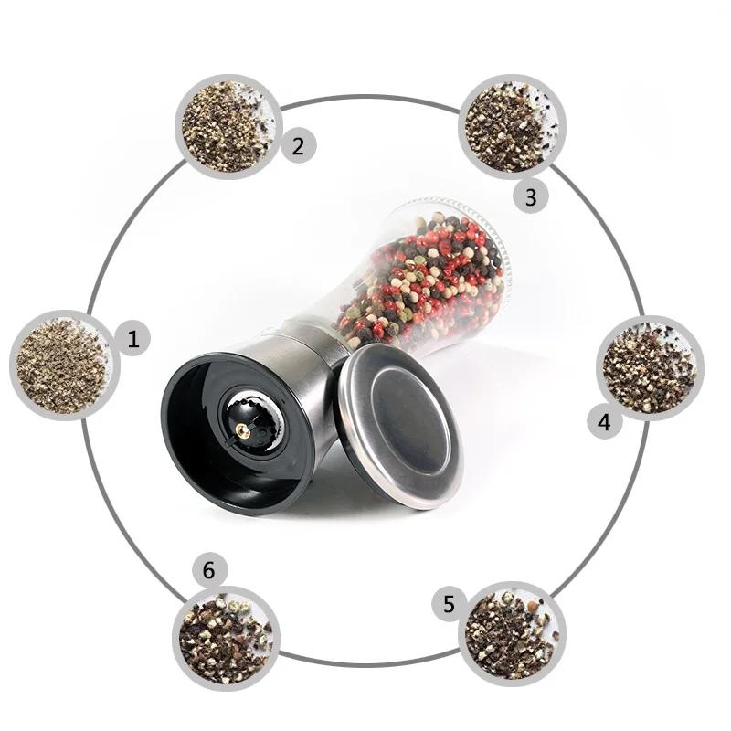 Description Picture 4 of itemLeeseph 18/8 Brushed Stainless Steel Pepper Mill and Salt Mill, 6 Oz Glass Tall Body, 5 Grade Adjustable Ceramic Rotor