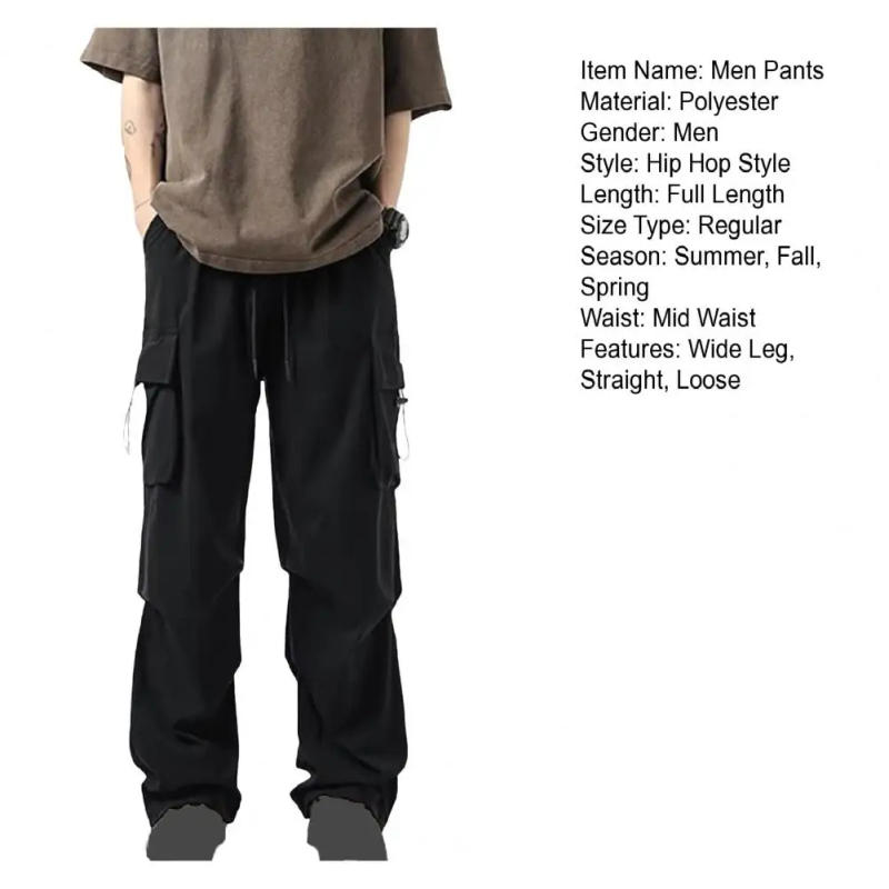 Description Picture 3 of itemMen Straight Leg Pants Men's Multi-pocket Cargo Pants with Drawstring Detail Elastic Waist Streetwear Style Solid for Outdoor
