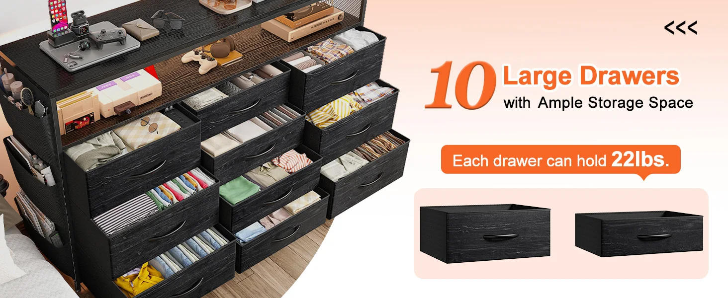 Description Picture 2 of itemDresser TV Stand with 10 Drawers for 55" TV Stand for Bedroom with LED Lights & Power Outlets Wide Dresser for Bedroom with Shel