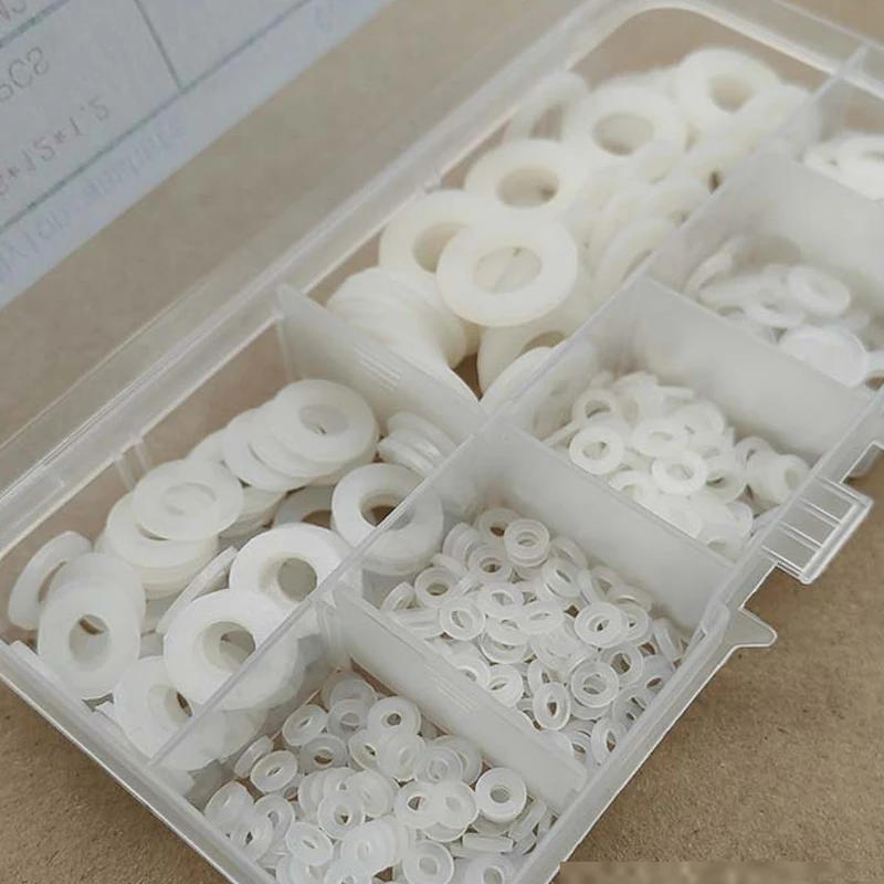 Description Picture 6 of item500Pcs/Box M2 M2.5 M3 M4 M5 M6 M8 White Plastic Nylon Washer Flat Spacer Washer Seals Gasket O Ring Assortment Kit