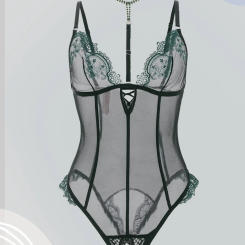 Black hollow halterneck embroidered bra gathers thin lace inner one-piece sexy underwear suit women bodysuit