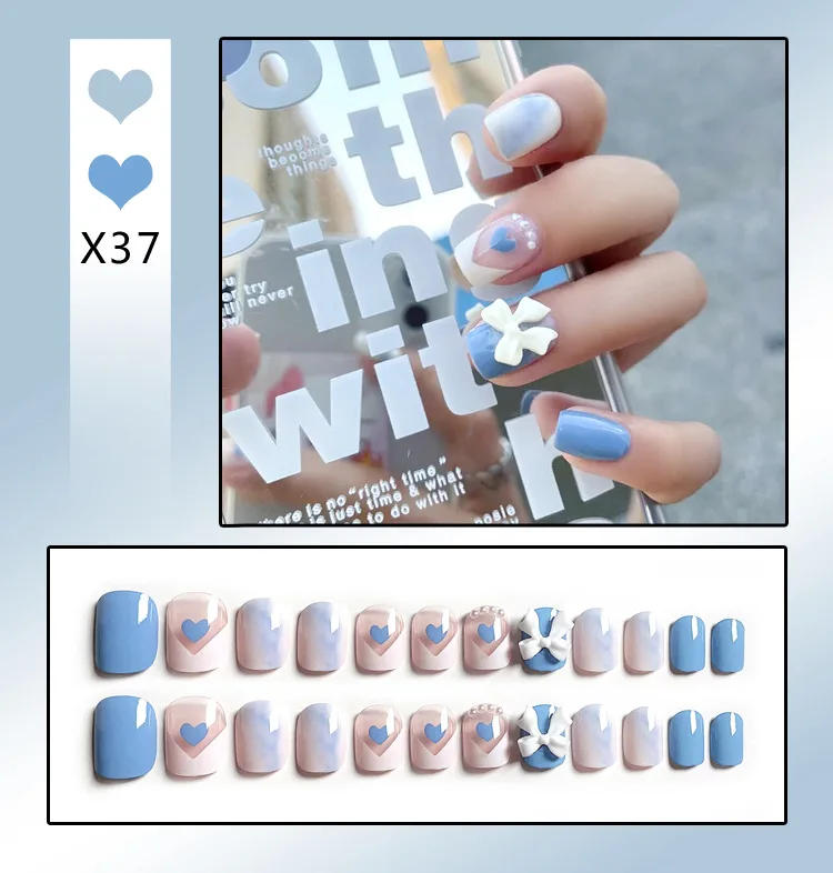 Description Picture 5 of item24Pcs French With Drill Short Fake Nails Press On Nail Tips Artificial Full Cover Cute Bow Wearing False Nails Art Free Shipping