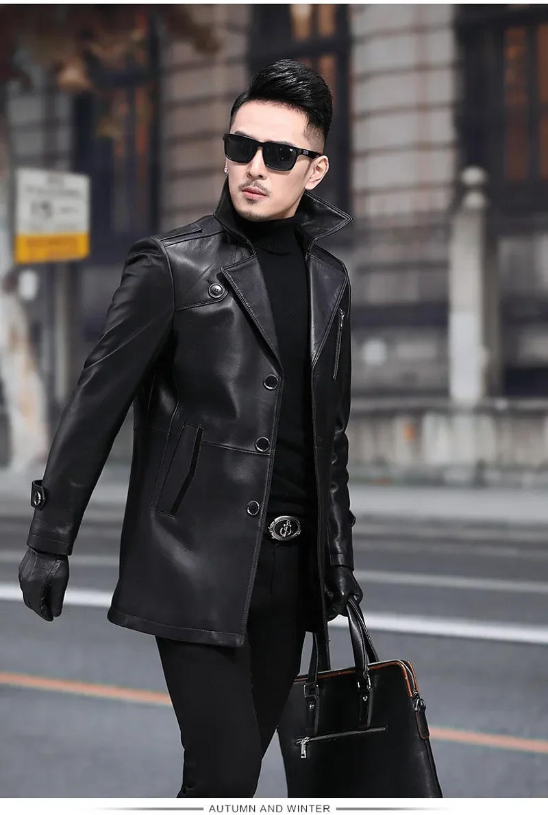 Description Picture 4 of itemMid-Length Sheepskin Coat for Men, Genuine Leather Trench, Cowhide Coat, Male Suit, Business, Spring and Autumn, 5XL