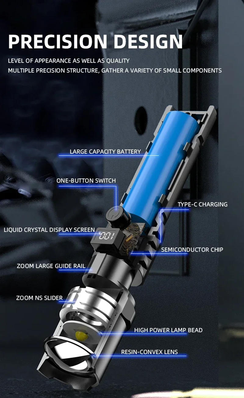 Description Picture 4 of itemHigh Power LED Flashlight Long-range USB Rechargeable Flashlight Digital Zoom Hand Light Camping Outdoor Waterproof Torch