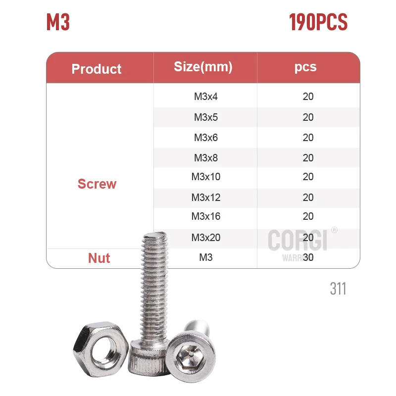 Description Picture 5 of itemHex Socket Head Cap Screws Assortment up to 720pcs M2 M2.5 M3 M4 M5 DIN912 Stainless Steel Metric Allen Bolts Nuts Kit with Case