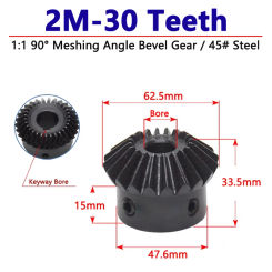 1pc 1:1 Bevel Gear 2M 30 Teeth Gear 90 Degrees Meshing Angle Steel Gears Screw M5 Bore 12 12.7 14 15 16 17 19-25mm 2 Module 30T