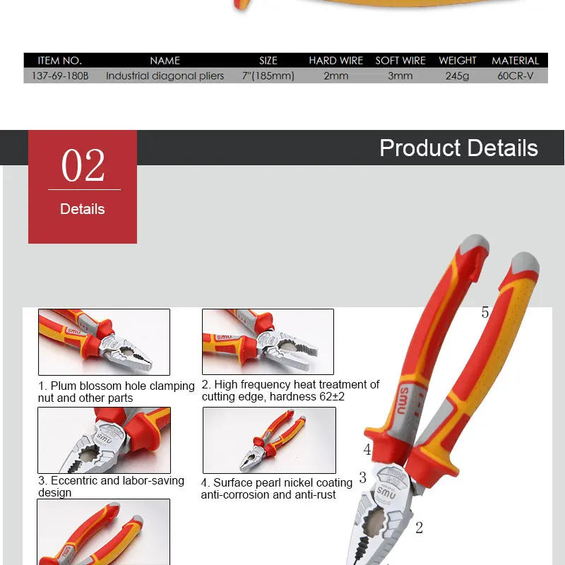 Description Picture 5 of itemSMU 60-CRV Industrial  Grade Labor-saving Anti-rust Combination Pliers Long Nose Pliers Diagonal Cutting Pliers