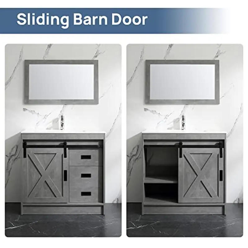 Description Picture 6 of item36" Bathroom Vanity Set with Ceramic Basin Sink Mirror and Chrome Faucet Storage Space Modern Design Easy Assembly Grey Wood