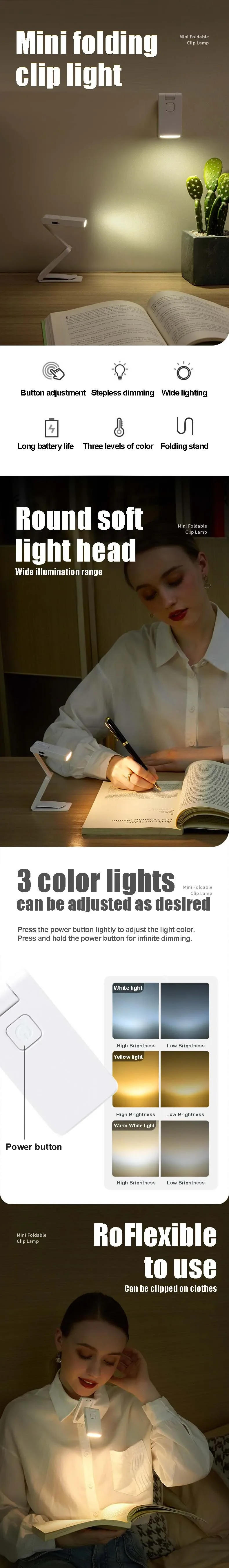 Description Picture 2 of item1/2 Pcs Portable LED Book Lights USB Rechargeable Eye Protection Night Light Mini Clip-On Desk Reading Lamp Travel Bedroom Study