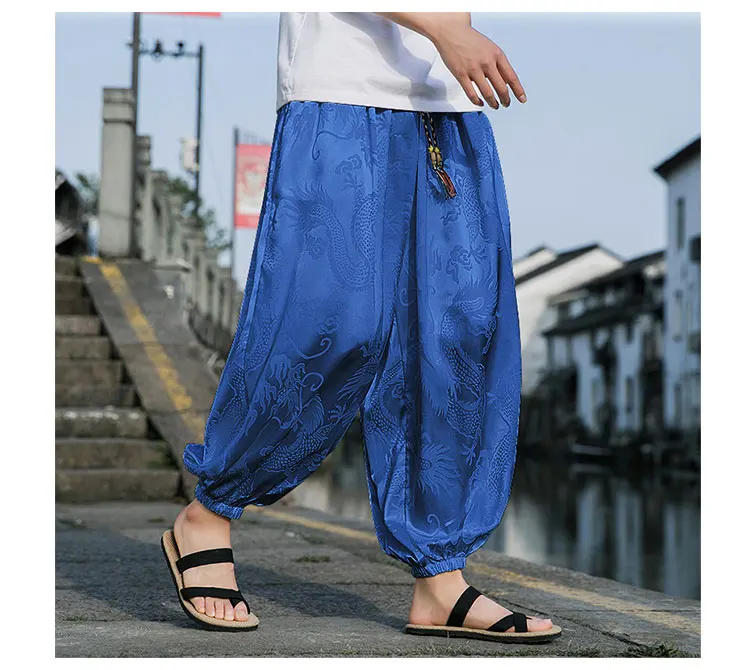 Description Picture 4 of itemSummer Ice Silk Dragon Pattern Pants Men's Beach Bloomers Retro Casual Wide-leg Flower Pants Harajuku Fashion Jogging Pants