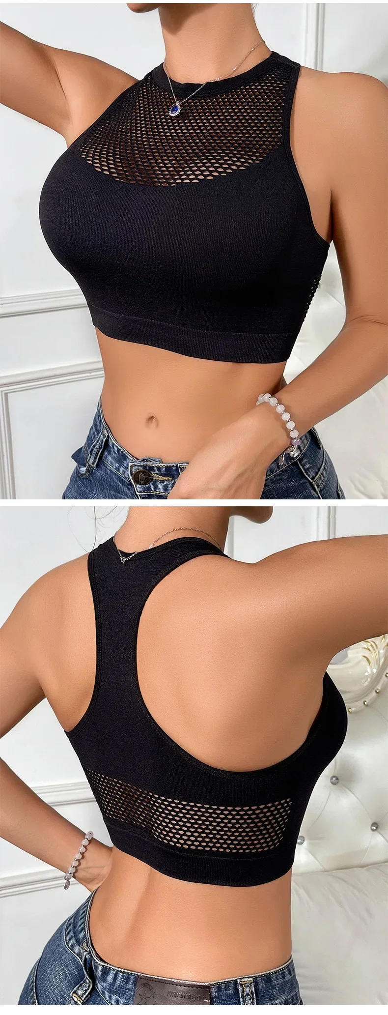 Description Picture 4 of itemWomen Sexy Tank Tops Fishnet Hollow Out Sports Off Shoulder Crop Top Female Outwear Stretch Comfortable Casual Tanks Chic Vest