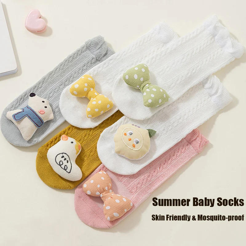 Description Picture 3 of item2 Pairs Newborn Baby Socks Cartoon Thin Summer Mesh Solid Crew Socks Soft Stretch Toddler Ankle Short Sock