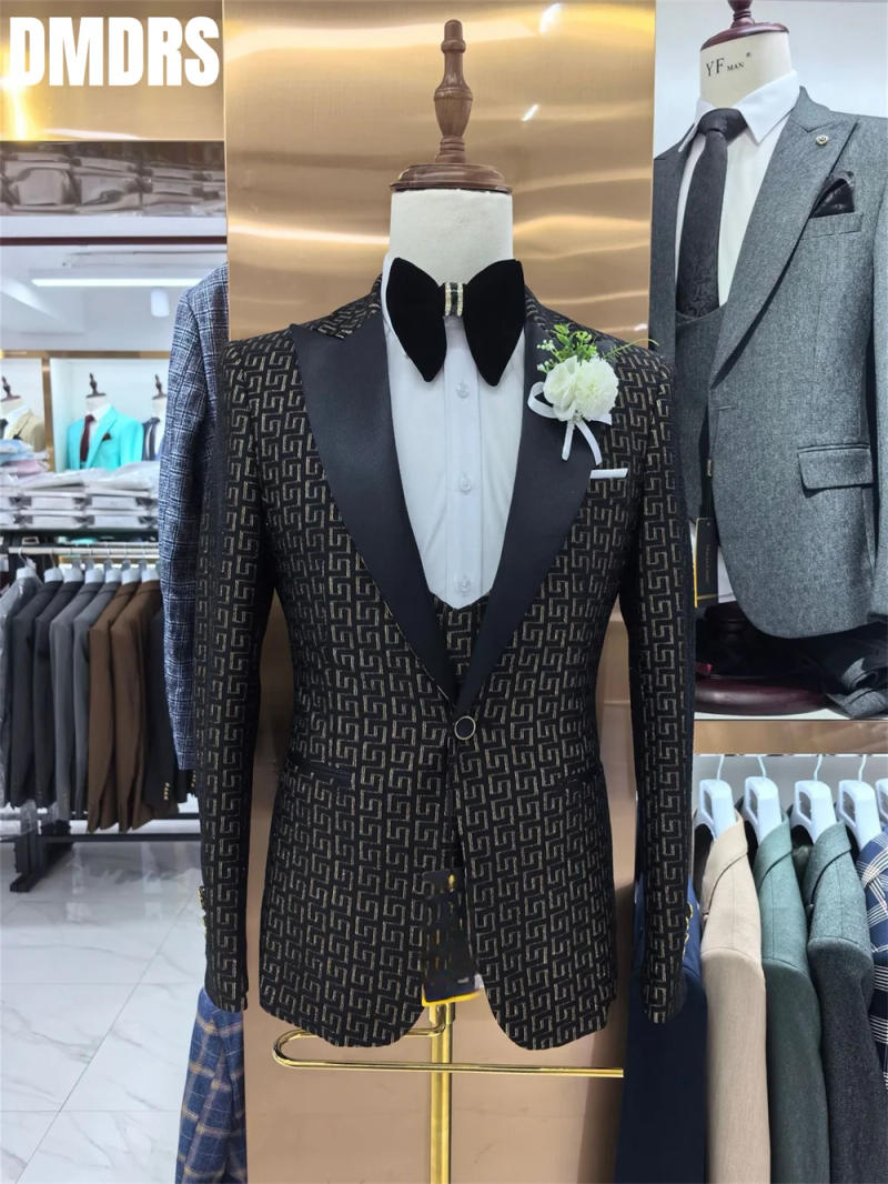 Description Picture 5 of itemMen Suit Set For Wedding Groom Suit Business 3 Piece Set For Men 2024 Popular Printed Jacket Dress Blazers Coat Trousers Suit