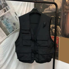 V-neck Sleeveless Waistcoat Men's Casual V-neck Sleeveless Cargo Vest with Multi Pockets Zipper Buckle Placket Stylish for Men