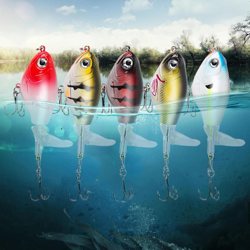 Description Picture 6 of item5pcs Whopper Popper Fishing Lures with Rotating Tail Hard Baits Floating Wobblers Fishing Bait for Trout Bass Black Fish