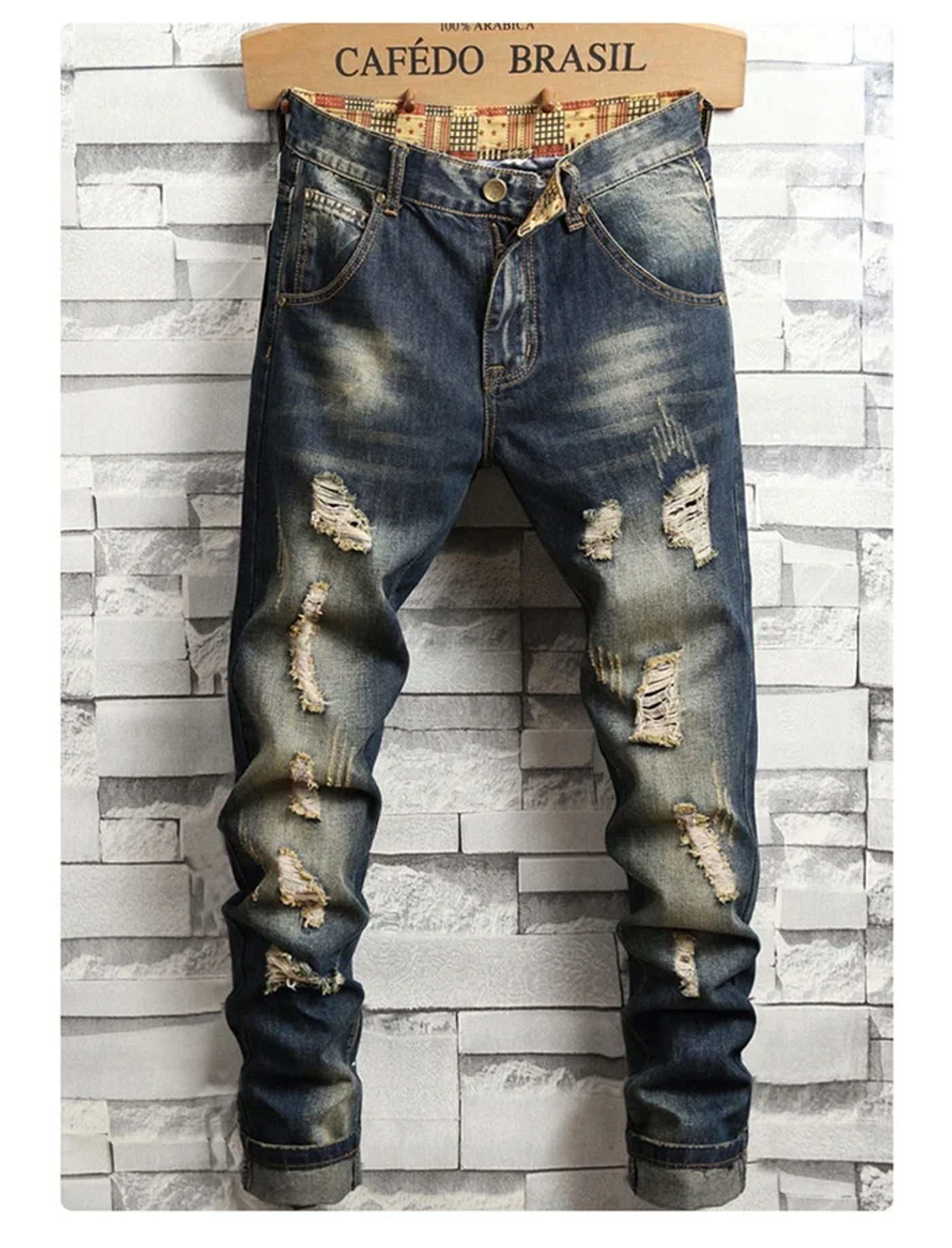 Description Picture 5 of item2024 New Style Distressed Ripped Slim Fit Jeans for Men High Street Korean Style Stretch Straight Fashion Denim Trousers Male