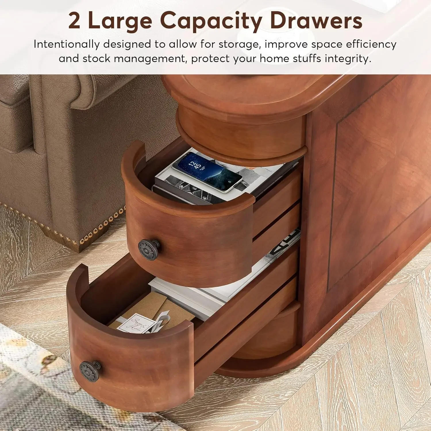 Description Picture 5 of itemTable Set of 2 No Assembly Required Wood End Table with 2 Drawers Sofa Side Table for Living Room Vintage Slim Nightstand