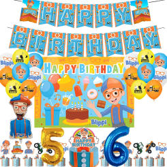 New Blippiing Birthday Party Decoration Foil Balloon Backdrop Banner Cake Topper Baby Birthday Party Supplies
