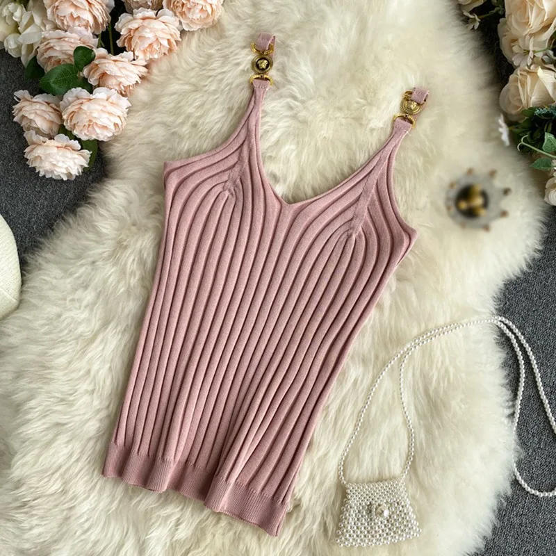 Description Picture 6 of itemWomen Knitted Short Slim Sleeveless Shirt Tank V Neck Halter Tops Knitted Off Shoulder Candy Cute Tops Casual Ribbed Knit Vest