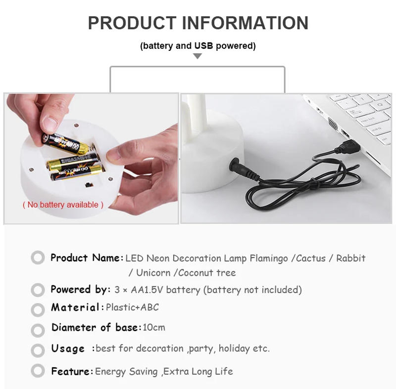 Description Picture 6 of itemUSB LED Neon Signs Flamingo Unicorn Night Light 3D Wall Art&Game Room Bedroom Decor Lamp Signs Cactus Coconut Tree Pineapple