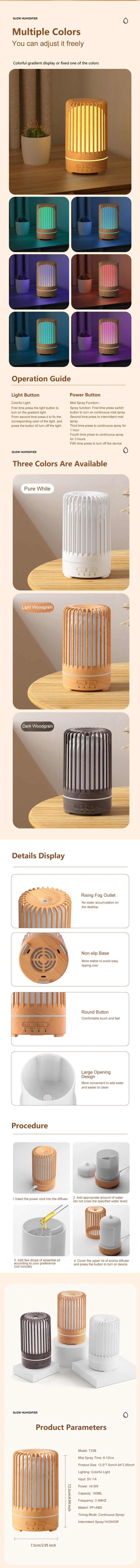 Description Picture 3 of item150ml USB Power Supply Hand Control Ultrasonic Quiete Air Humidifier Adjustable Color Lights Essential Oil Aroma Diffuser