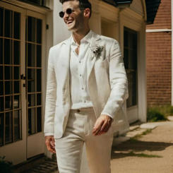 Linen Men Suits for Wedding Garden Summer Groom Tuxedo 2 Pcs Notch Lapel Prom Blazer with Trousers ( Jacket + Pants ) 2024
