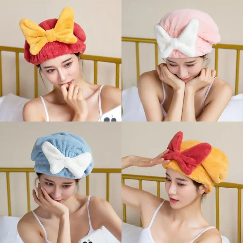 Description Picture 2 of itemCoral Velvet Dry Hair Hat Solid Color Bowknot Thick Dry Hair Towel Quick Drying Towel Headgear Shower Headband Shower Cap