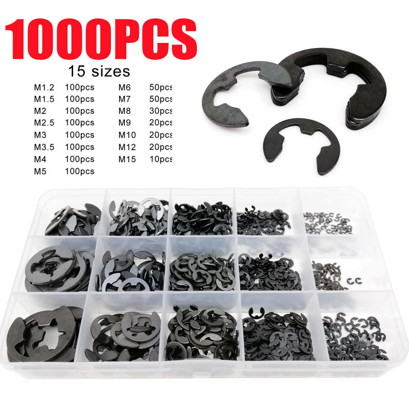 Description Picture 2 of item580/1000pcs Washer M1.2 to M15 Black Carbon Steel External Retaining Ring E Clip Snap Circlip Washer for Shaft Assortment Kit