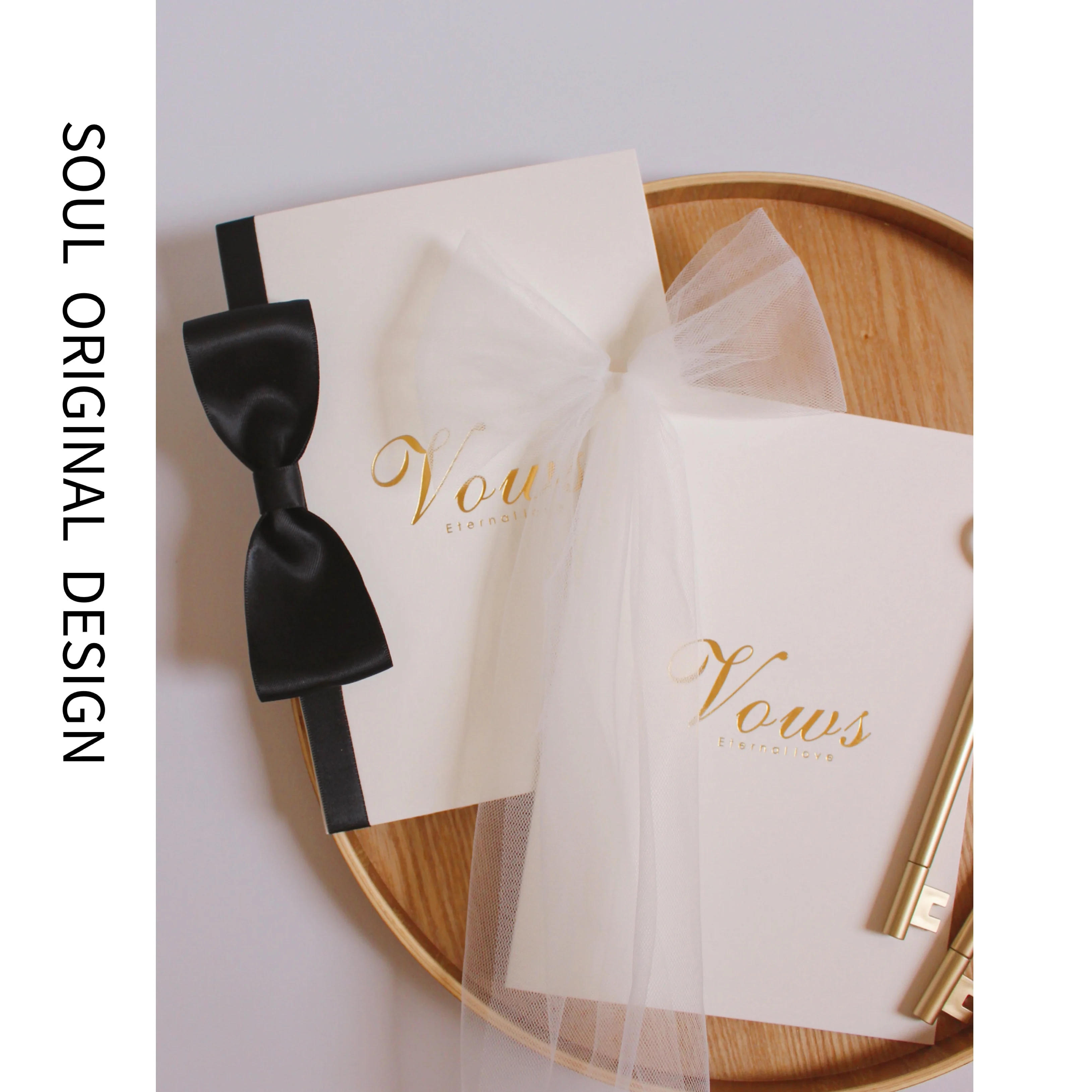 Description Picture 2 of item1 Pair INS Style Bronzing Wedding Vows Book Card with Pens  Decoration Invite Gift Book Vow Cards with Ribbons 14x20cm